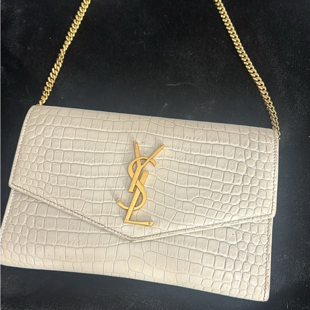 Yves Saint Laurent Cream Croc-Embossed Clutch with Gold Chain